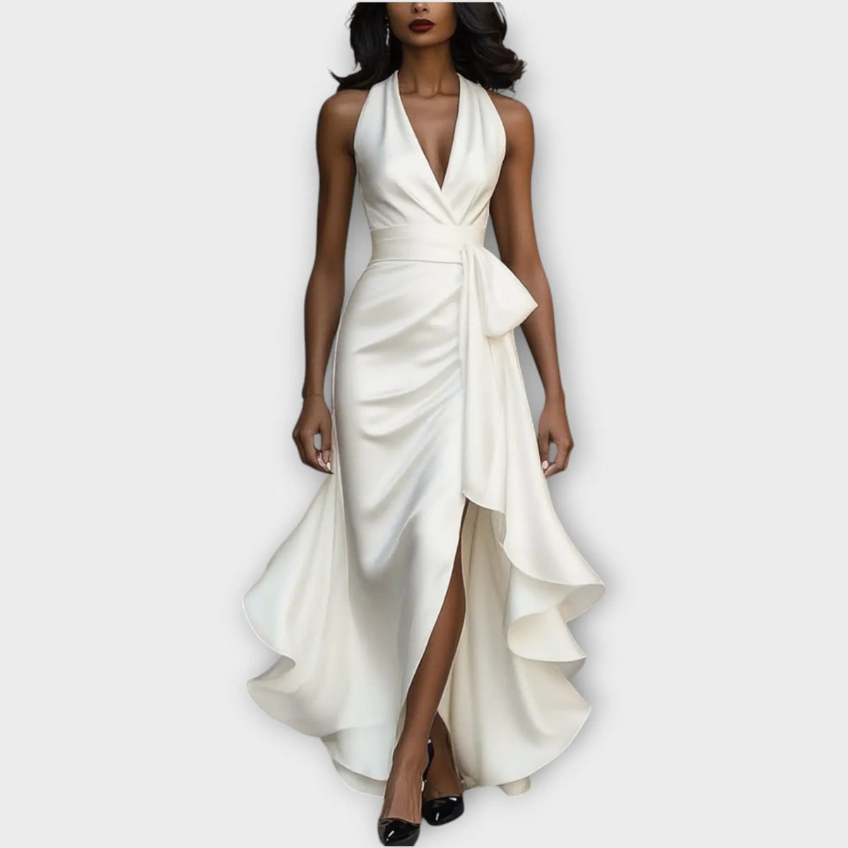 Satin Halter Gown with Draped Waist Tie