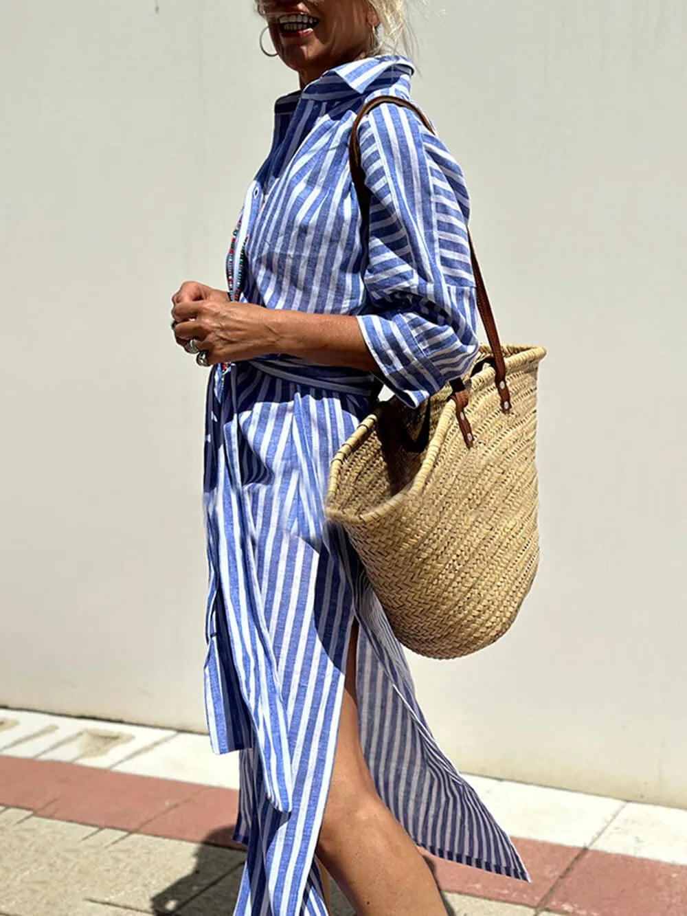 Splendor Stripes Printed Button Half Sleeve Belt Shirt Midi Dress
