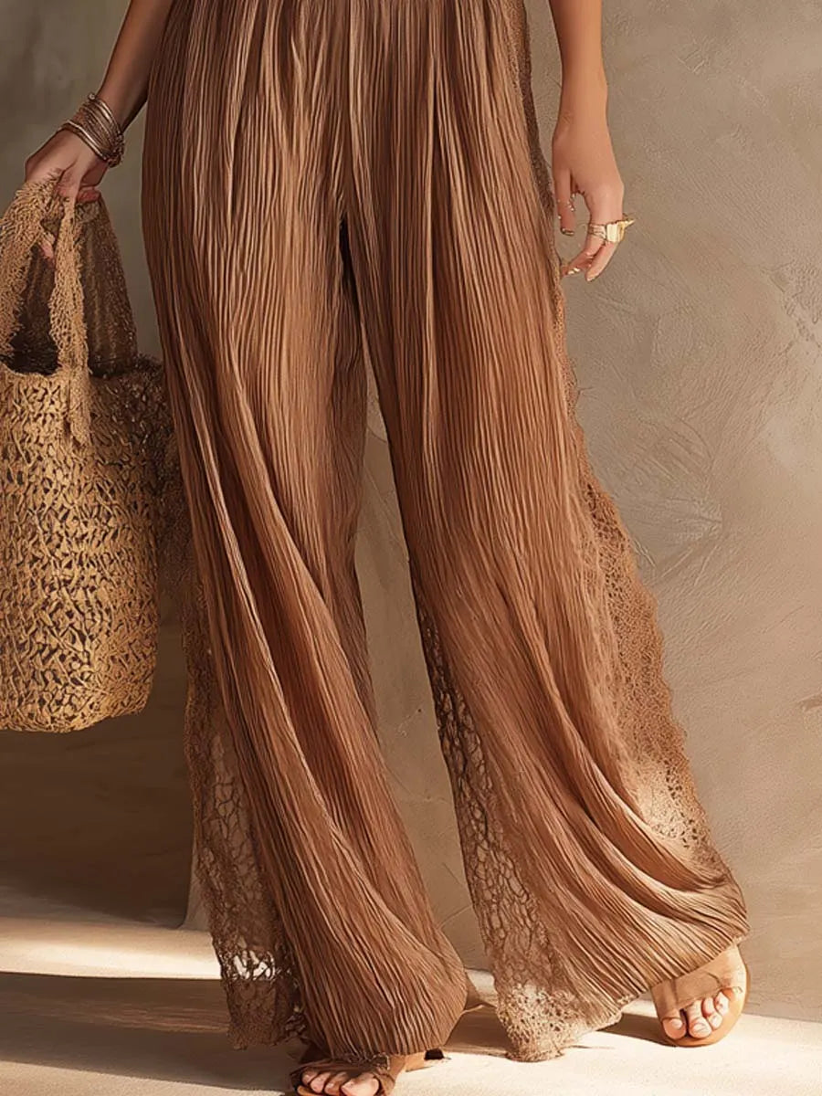 Retro Halter-Neck Lace Trim Pleated Chiffon Two-Piece Set
