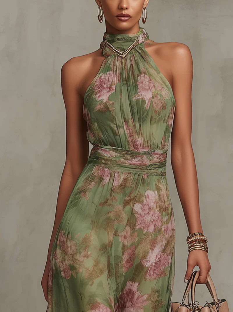 Green Floral Chiffon Halter Maxi Dress