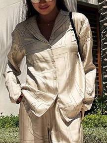 Geometric Letter Print Shirt Wide Leg Suit-Shirt