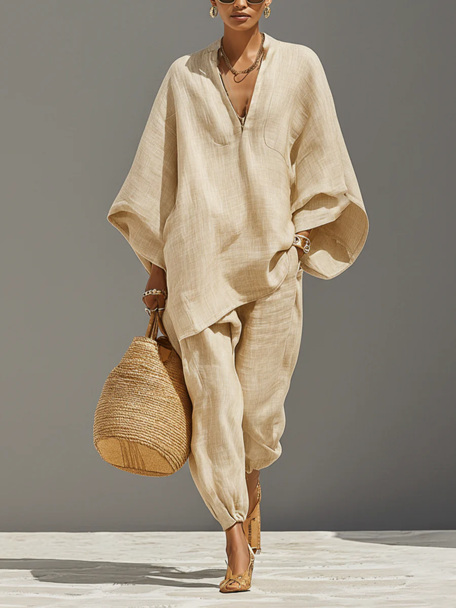 Light Khaki Minimalist Asymmetrical Hem Top And Jogger Pants Suit