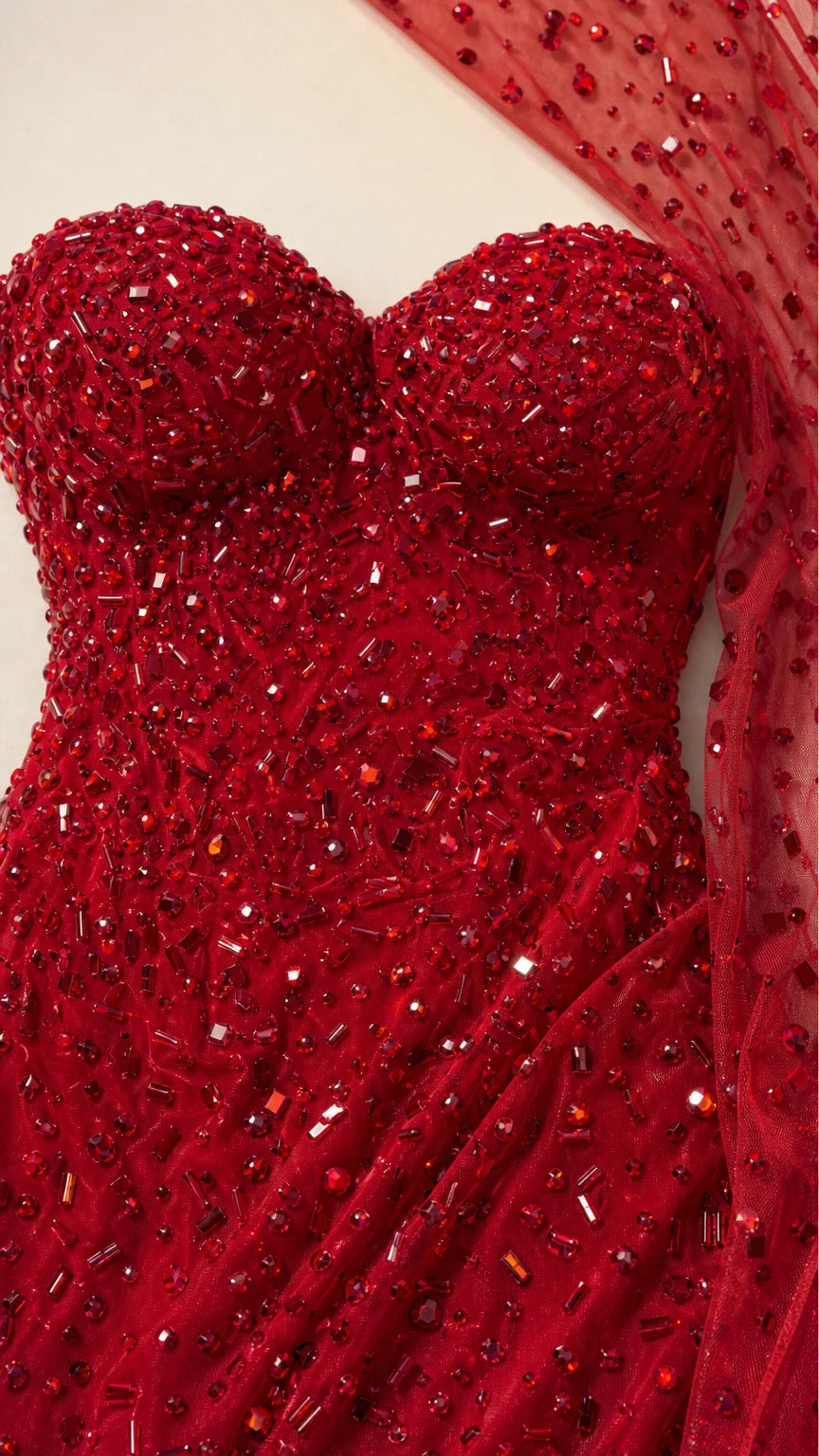 Sequined Beaded Sweetheart Evening Gown with Asymmetric Cape Drape