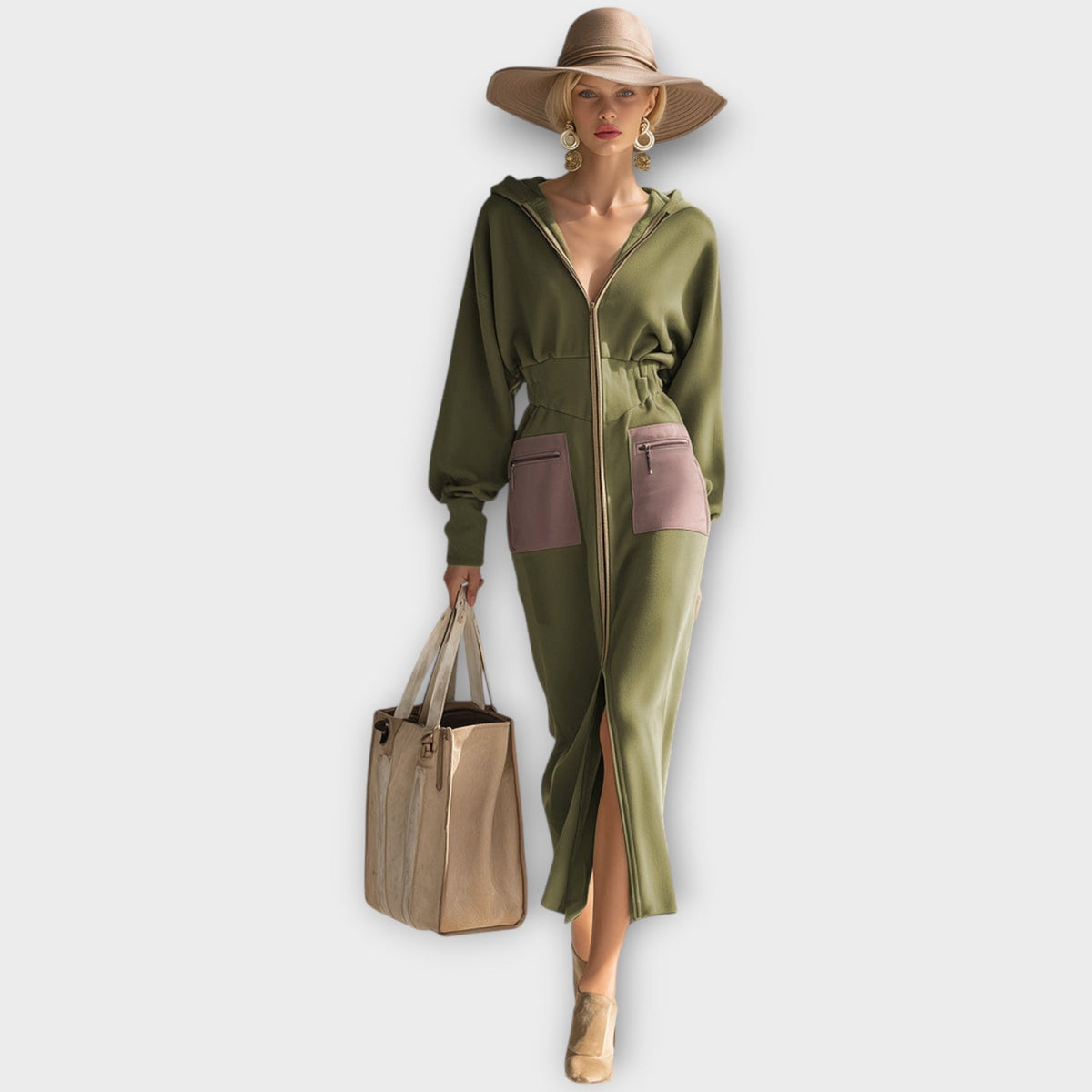 Zip-Up Maxi Dress with Contrast Pockets