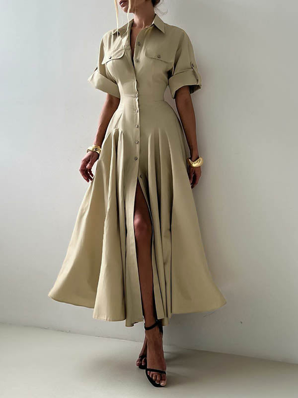 Short Sleeves Buttoned Solid Color Lapel Maxi Dresses Shirt Dress