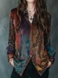 Boho Floral Print Velvet Long Sleeve Button Down Shirt