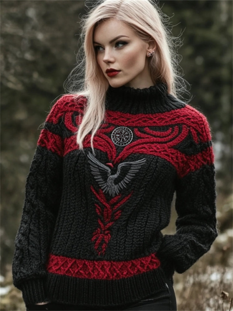 Raven Viking Vegvisir Embroidered Celtic Contrast Cozy Chunky Sweater