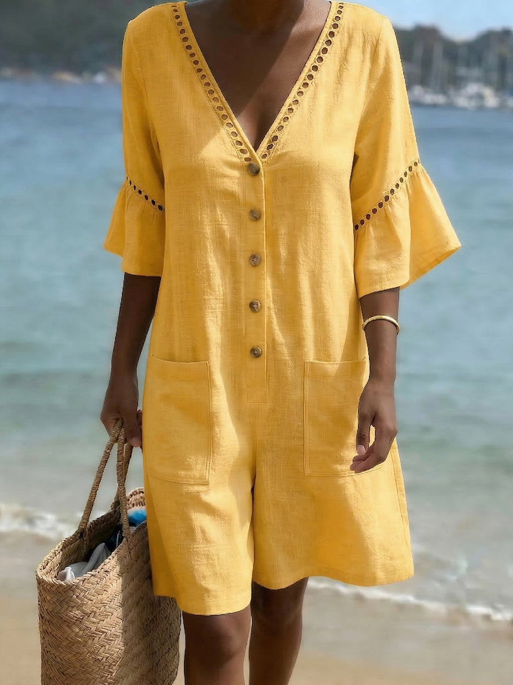 Retro Loose-fit Cutout Lace Cotton-linen Jumpsuit