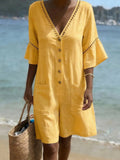 Retro Loose-fit Cutout Lace Cotton-linen Jumpsuit