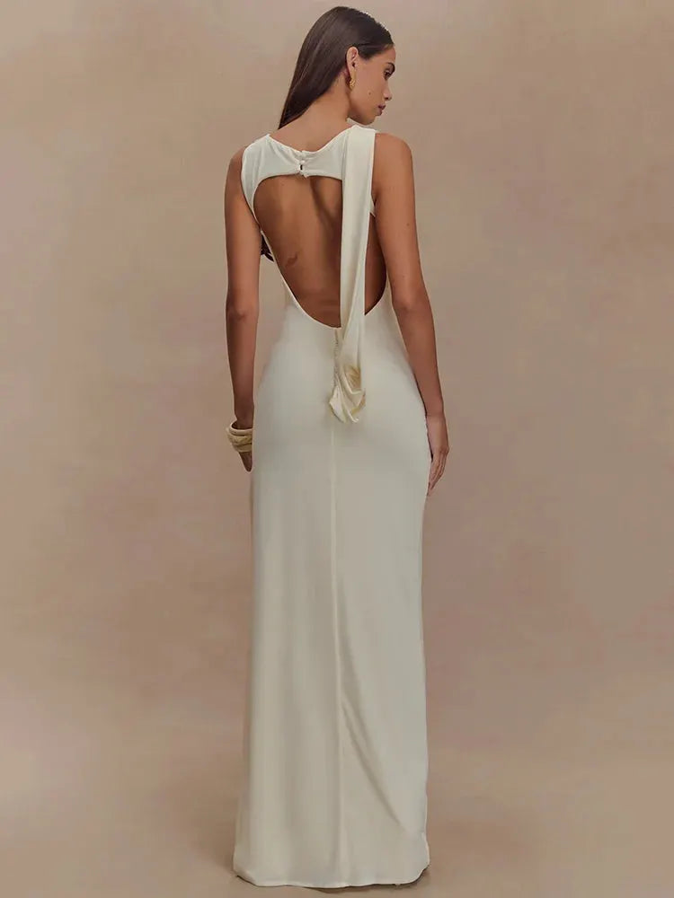 Delara Ivory Ruched Maxi Dress – Elegant Sleeveless High Slit Evening Gown for Summer Events-  Ivory, Black, Blue