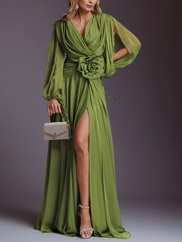 V-Neck Solid Chiffon Maxi Dress