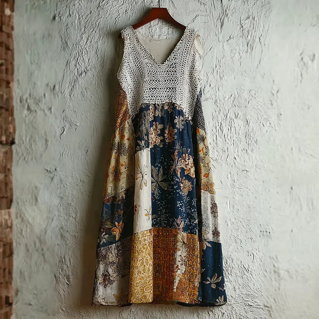 Japanese Art Retro Style Plant And Flower Pattern Patchwork Design V-neck Cotton And Linen Dress