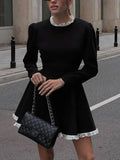 Elegant Lace Panel High Waist Long Sleeve Mini Dress