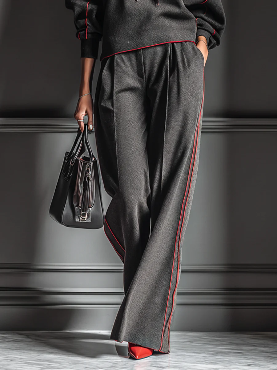 Dark Gray and Red Color-blocked Hooded Sweatshirt and Wide-leg Pants Two-piece Set