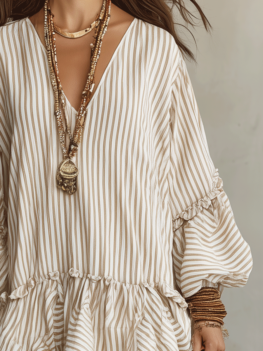 Sand Stripe Ruffled Boho Mini Dress
