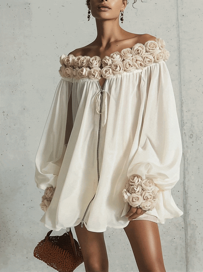 24-Hour-Shipping Cream 3D Floral Chiffon Zip Mini Dress
