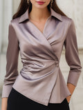 Satin Asymmetric Draped Wrap Blouse