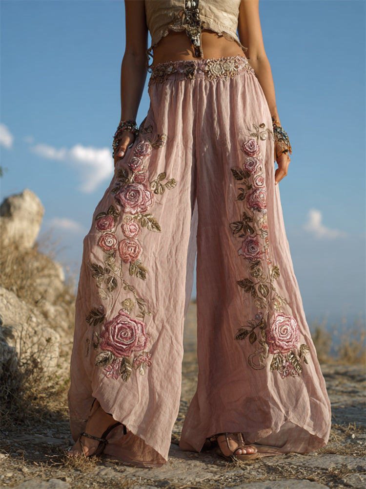 Vintage Pink Roses Embroidered Flowy Wide Leg Linen Pants
