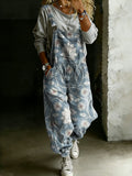 Women’s Vintage Ethnic Floral Art Print Casual One Piece Denim Jumpsuit