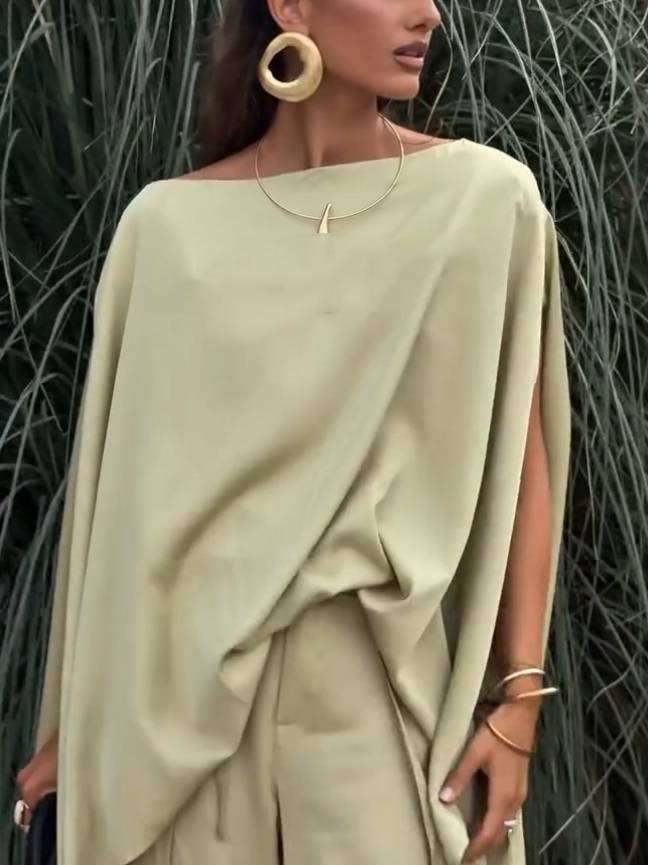 Long Loose Shirt And Side Slit Wide Leg Pants Suit-Shirt