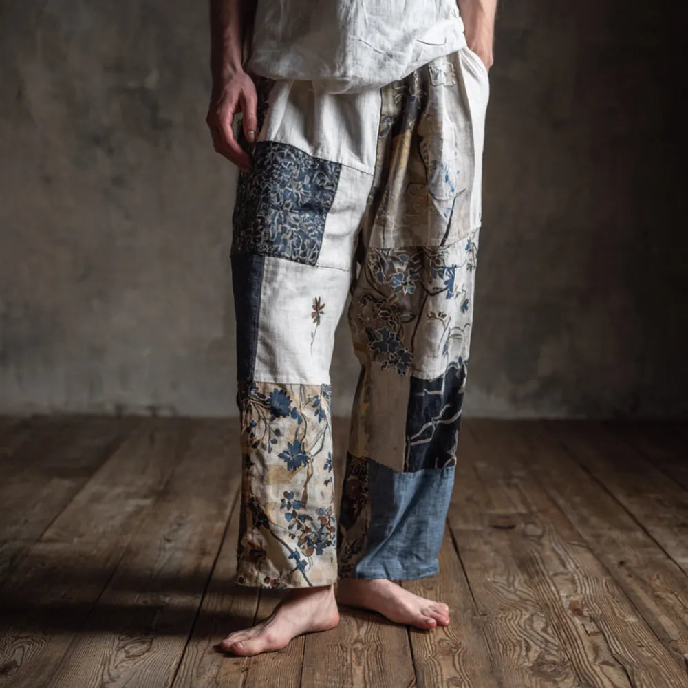 Men's Japanese Style Patchwork Printed Casual Trousers