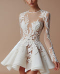 Gorgeous & Charming See-through Long Applique Sleeves A-line Mini Wedding Dress