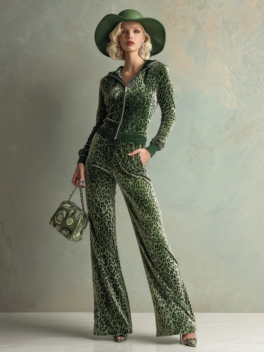 Retro Elegant Green Leopard Print Hooded Velvet Jumpsuit