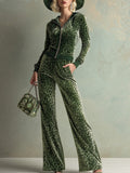Retro Elegant Green Leopard Print Hooded Velvet Jumpsuit