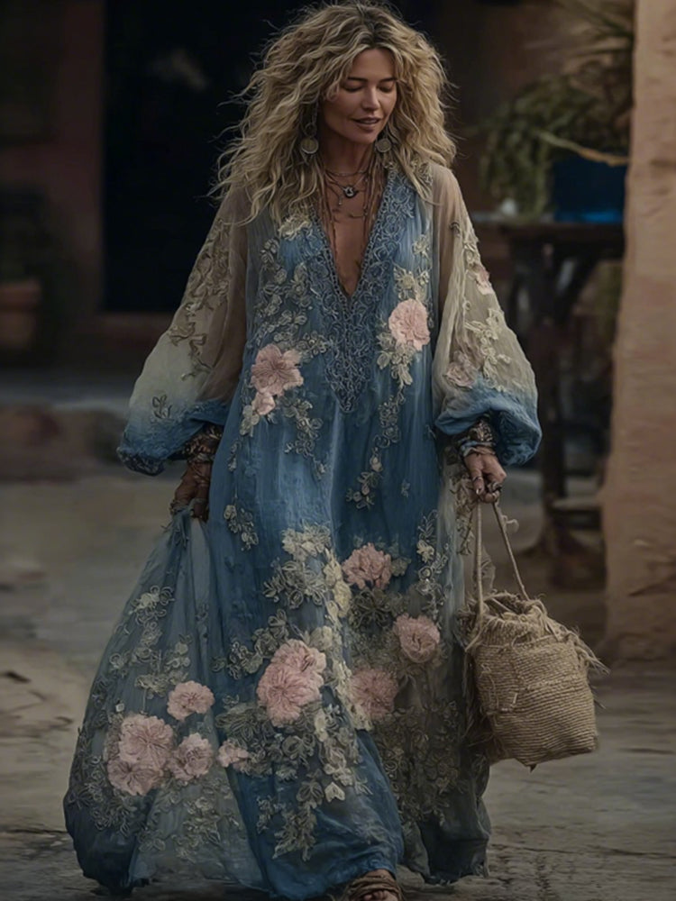 Vintage Floral Embroidered V Neck Casual Maxi Dress