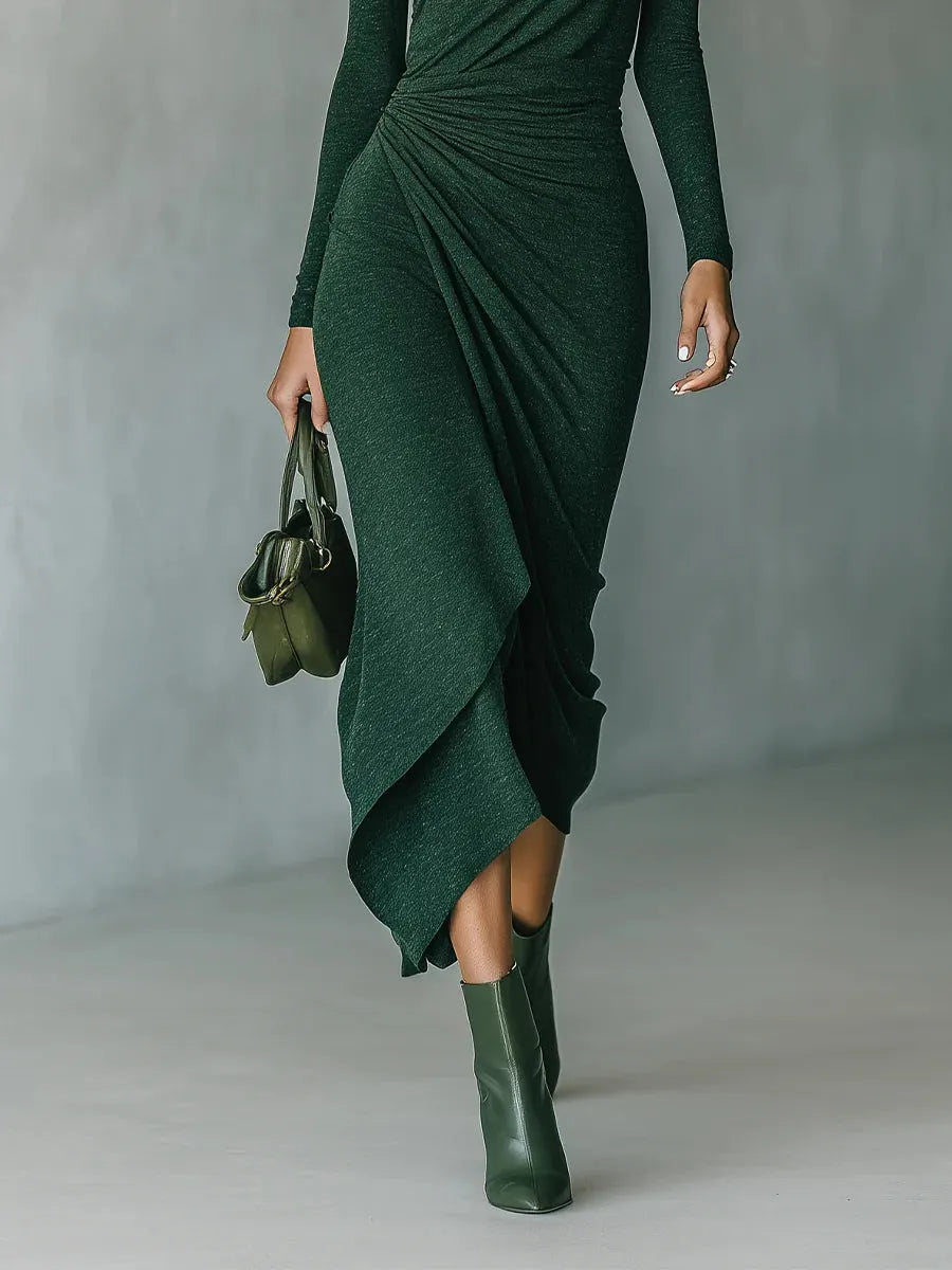 Dark Green Turtleneck Pleated Irregular Wrap Midi Dress