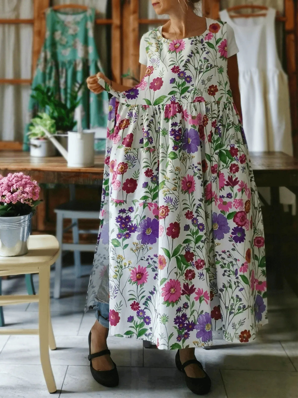 Cotton Apron with Summer Flowers