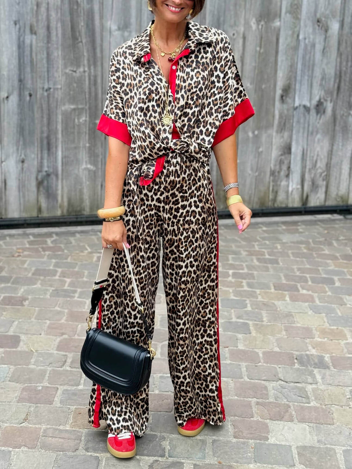 Exquisite Leopard Floral Print Contrast Wide-Leg Pants
