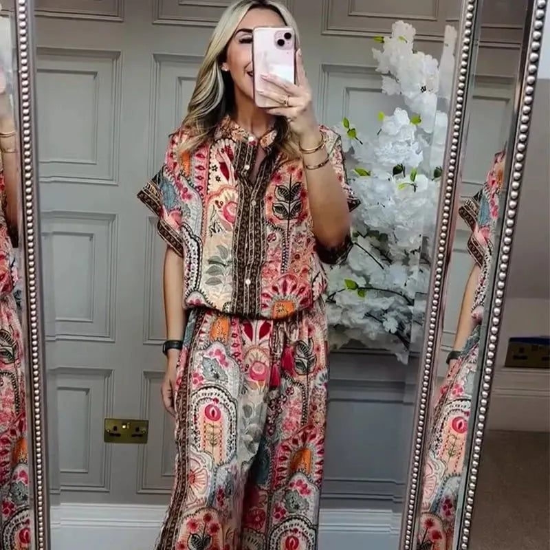✨ Stylish 2-Piece Co-ord: Women's Printed Top & Wide Leg Pants 2-Piece Set