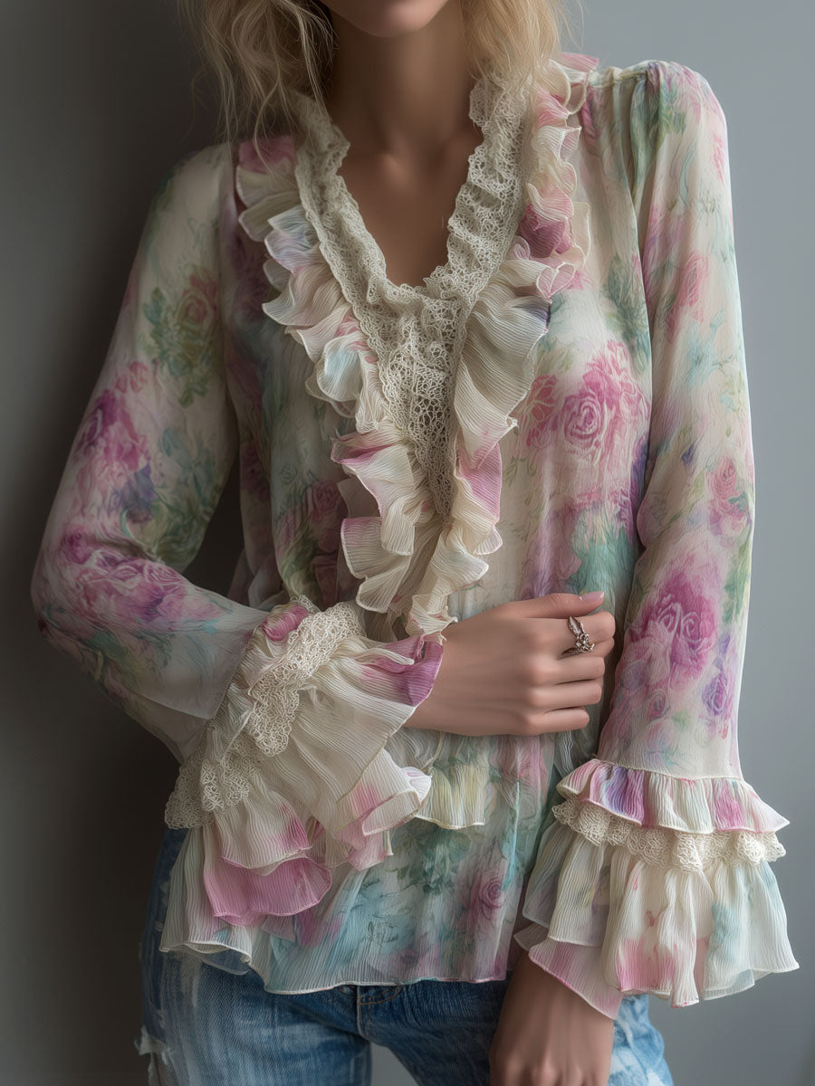 Romantic Vintage Floral Ruffled Chiffon Blouse With Lace Trim