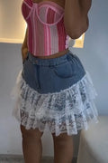 Women Denim Patchwork Lace Pattern Casual Skirt