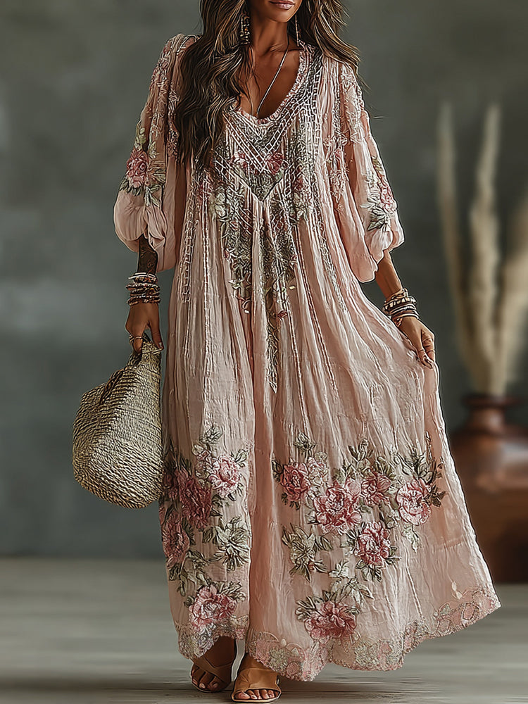 Women's Vintage Floral Art Flowy Linen Blend Casual Long Sleeve Maxi Dress