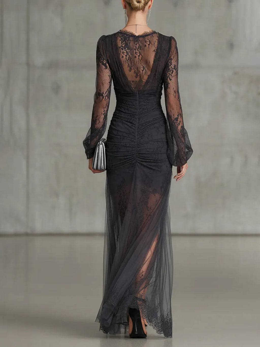 Black Lace Ruched Sheer Long Sleeve Slit Maxi Dress