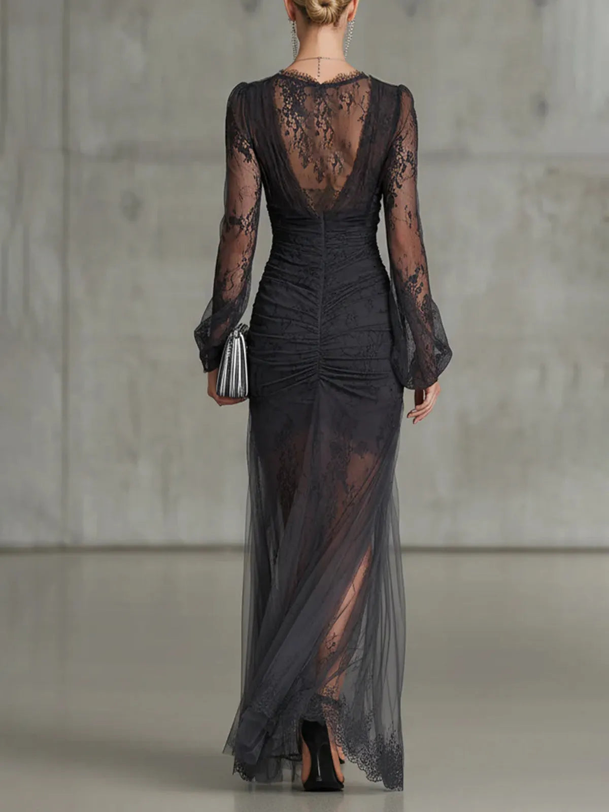 Black Lace Ruched Sheer Long Sleeve Slit Maxi Dress