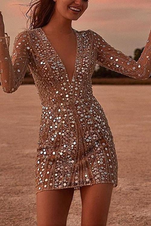 V Neck Sequin Wrap Mini Dress