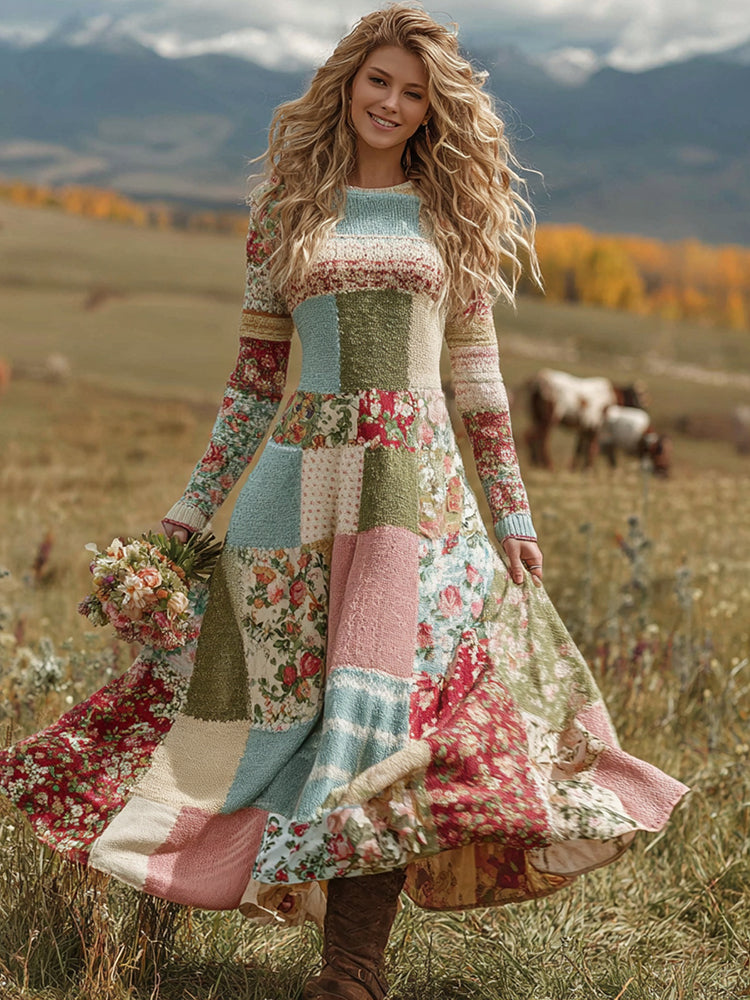 Women's Floral Patchwork Art Cozy Knit Maxi Sweater Dress