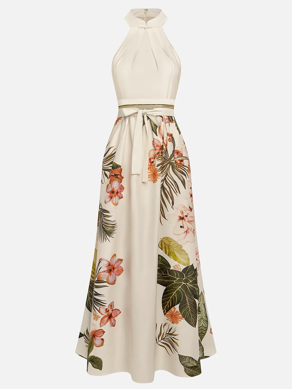 Beige Bow Satin Halter Floral Sleeveless A-Line Maxi Dress