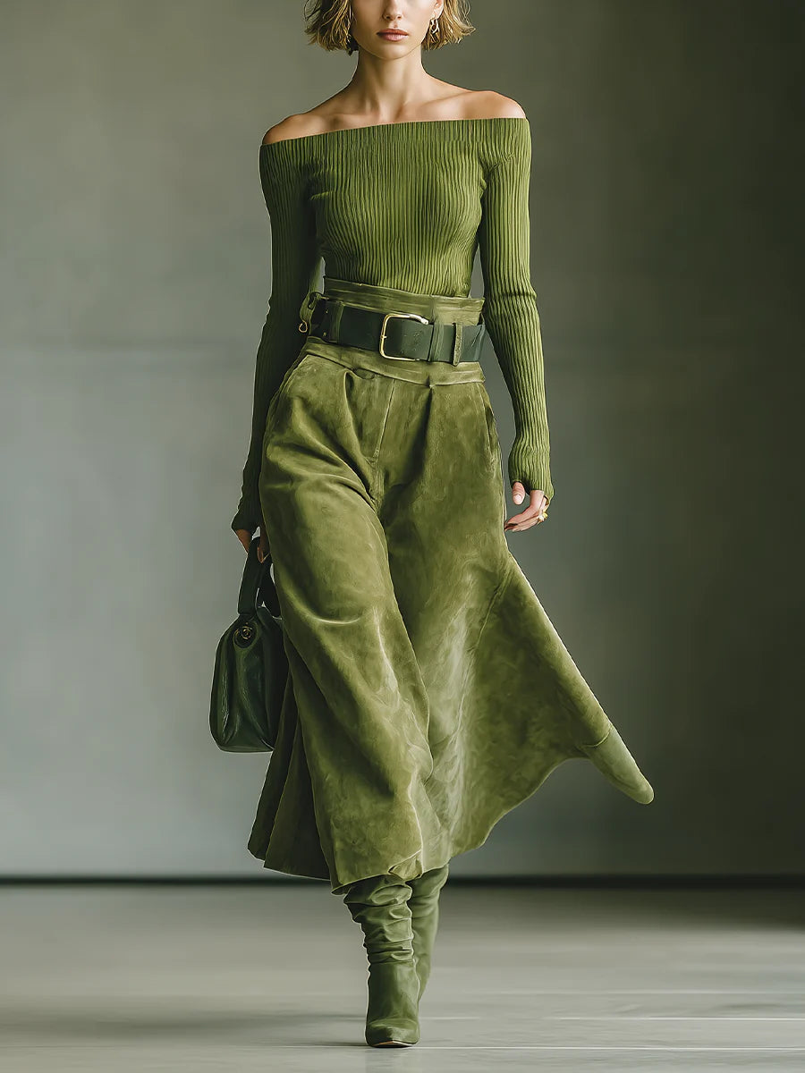 Olive green off-shoulder top and faux suede skirt set(Includes belt)