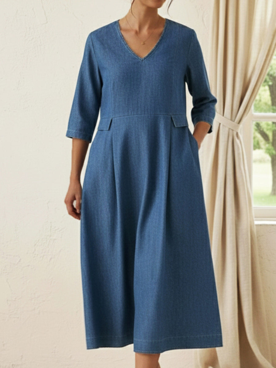 Retro V-neck Denim A-line Dress
