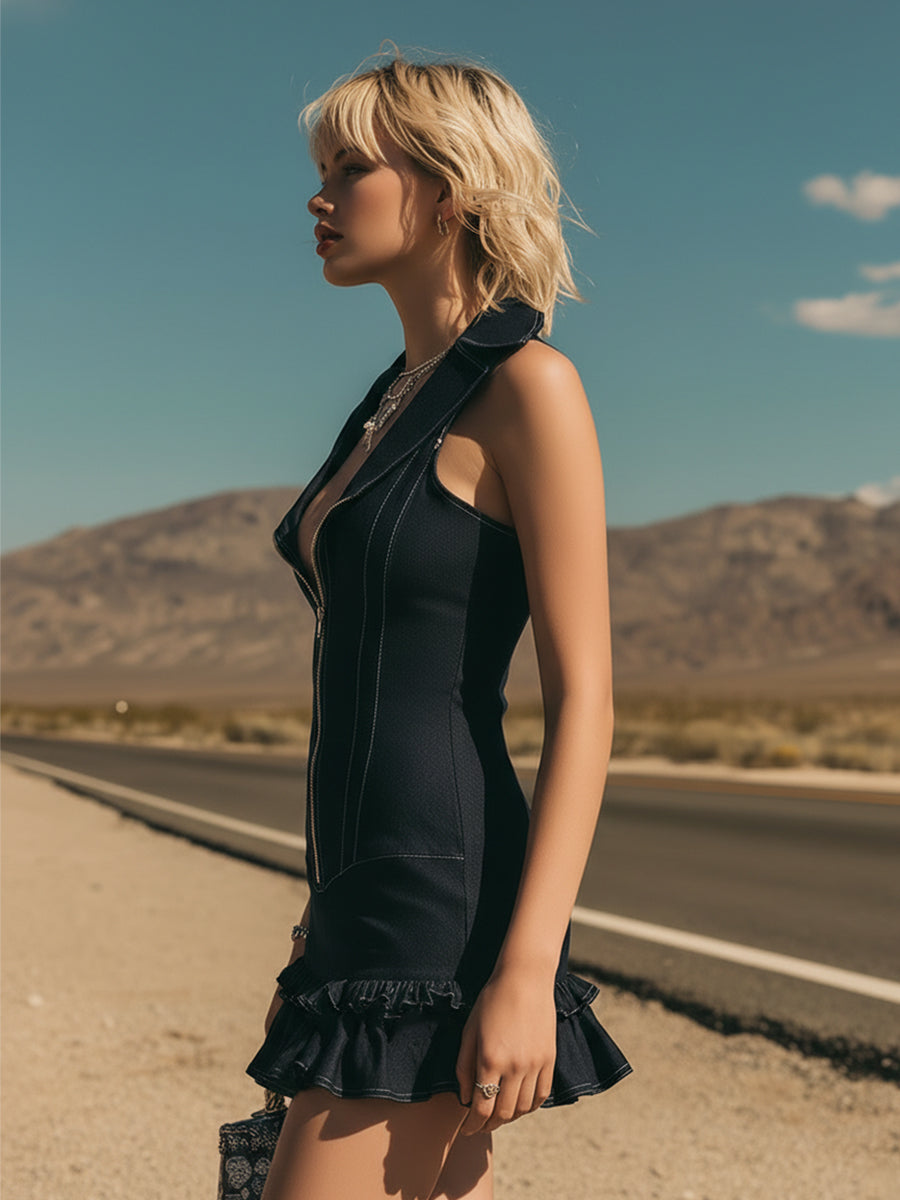 Chic Western Black Faux Denim Ruffled Collar Sleeveless Mini Dress