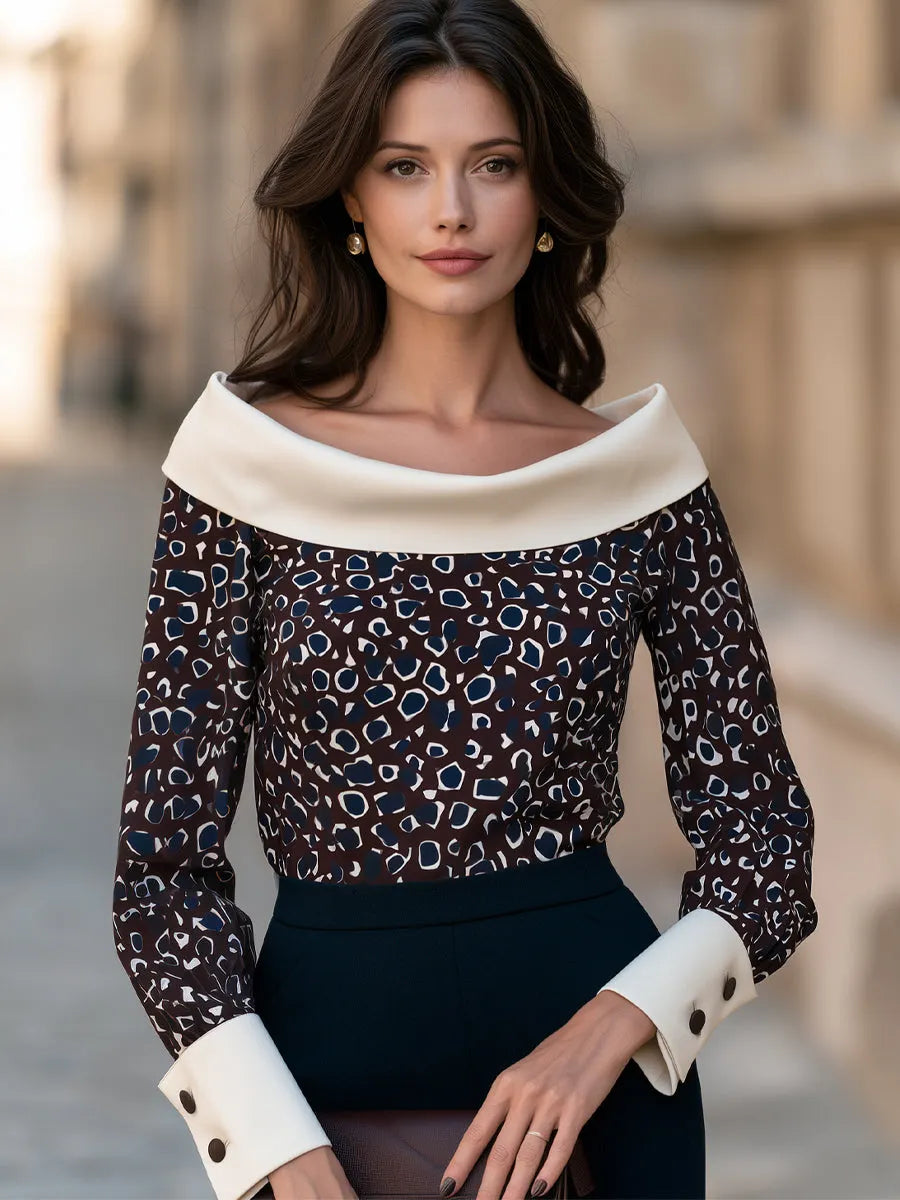 Wide Contrast Fold Collar Printed Blouse