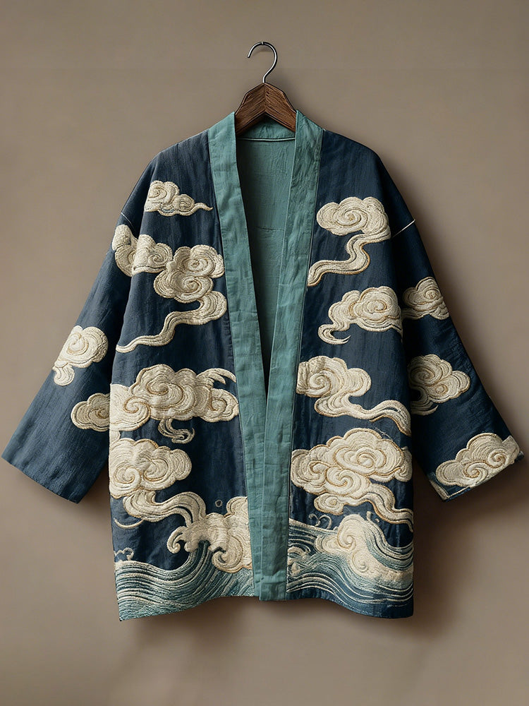 Retro Japanese Auspicious Clouds Art Linen Kimono Cardigan