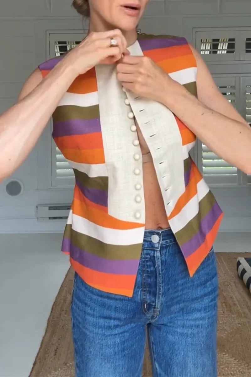 Women's Round Neck Breasted Contrasting Casual Top