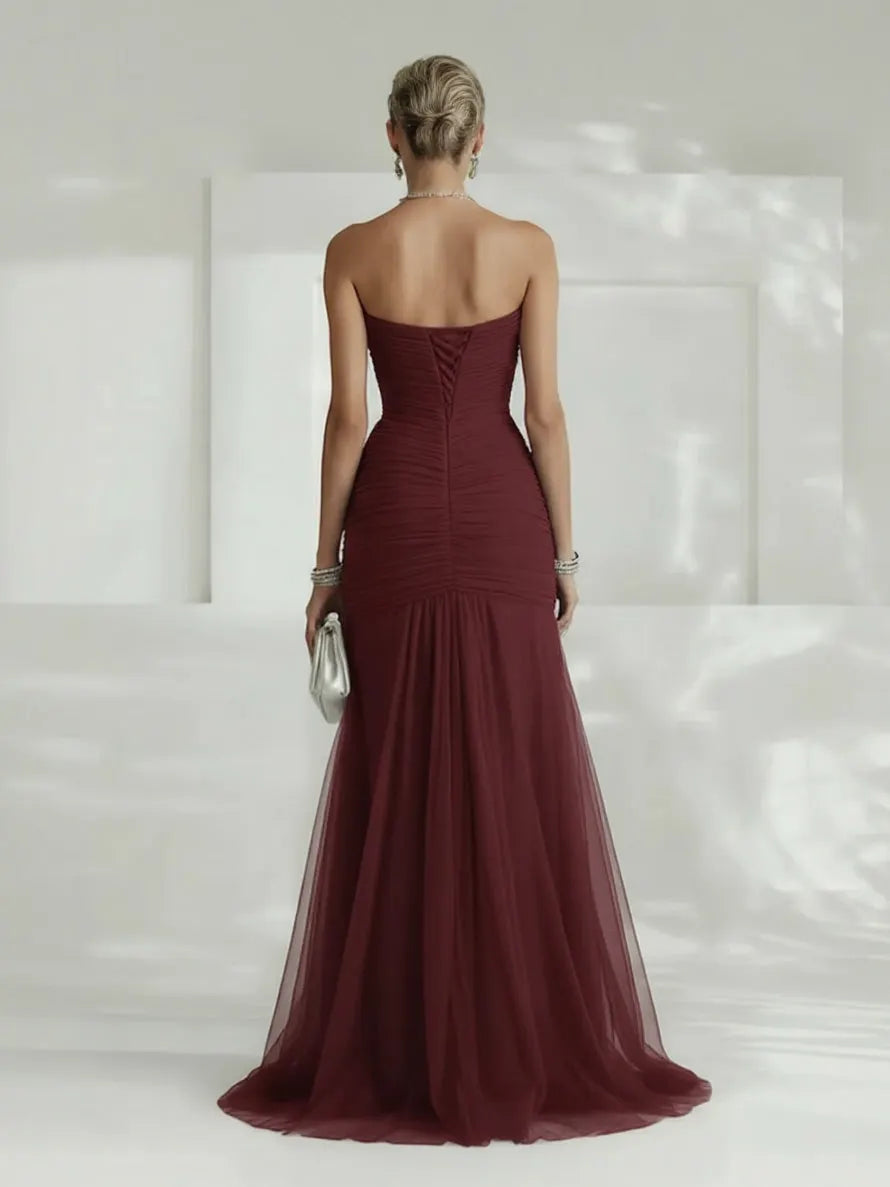 Elegant Strapless Pleated Tulle Maxi Dress