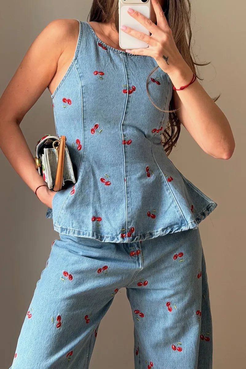 Women's Fashion Cherry Pattern Trim Denim Vest & Jeans