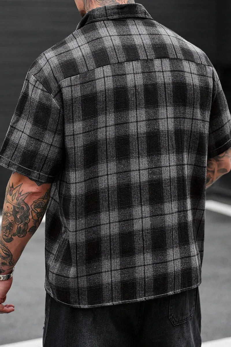 Men's Black Grey Plaid Lapel Short Sleeve Flannel Button Shirt